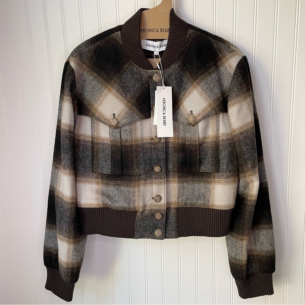 Veronica Beard Stanley Bomber Jacket in Multi Color Plaid Size 12 Elbow patches